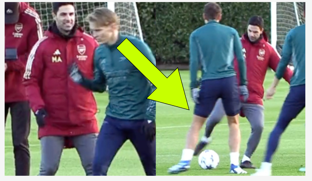 Arsenal boss Mikel Arteta rolling back the years with cheeky nutmeg on Martin Odegaard in training